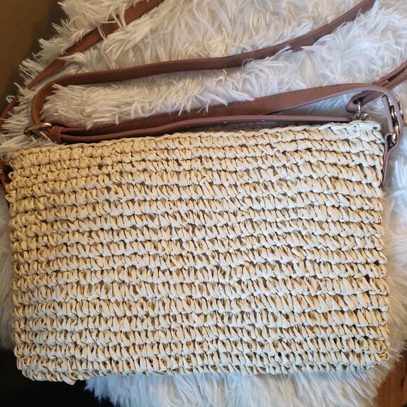 INC Straw Crossbody Bag Escape Script Womens Summer Boho Beach Vacation Wristlet - Picture 2 of 4